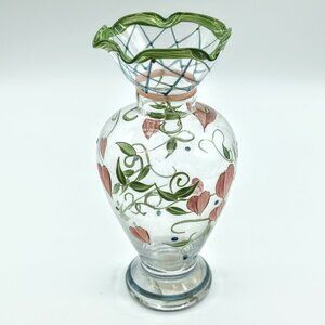 Tracy Porter Hand-Painted Green Pink Hearts Floral Glass Bud Vase